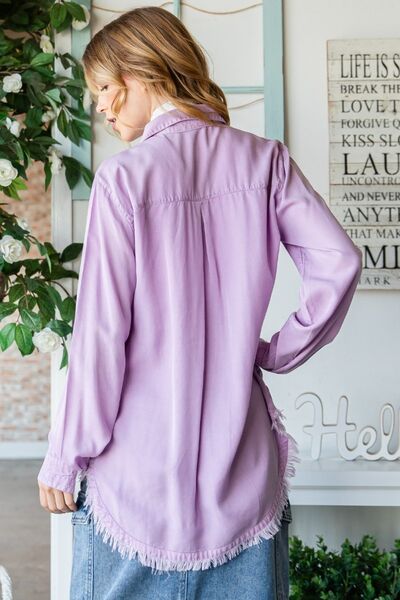 Veveret Raw Hem Button Up Long Sleeve Shirt Luvéillé
