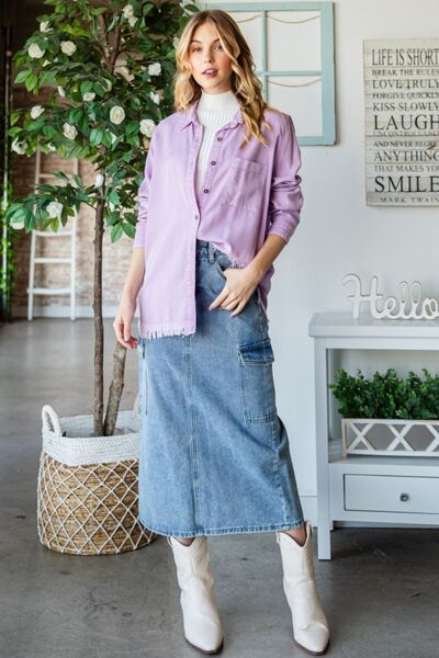 Veveret Raw Hem Button Up Long Sleeve Shirt Luvéillé