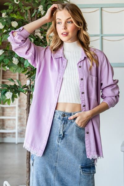 Veveret Raw Hem Button Up Long Sleeve Shirt Luvéillé