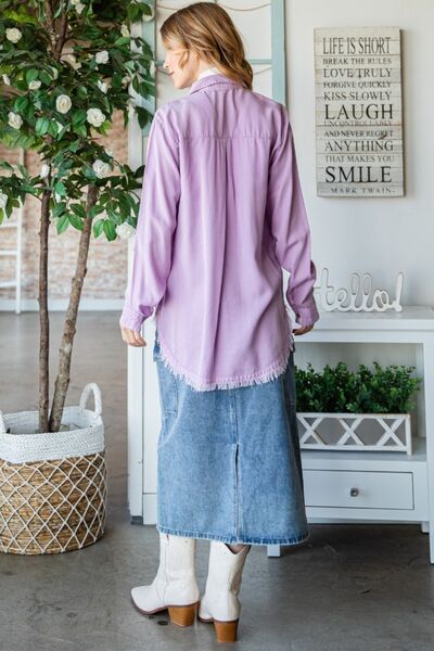 Veveret Raw Hem Button Up Long Sleeve Shirt Luvéillé