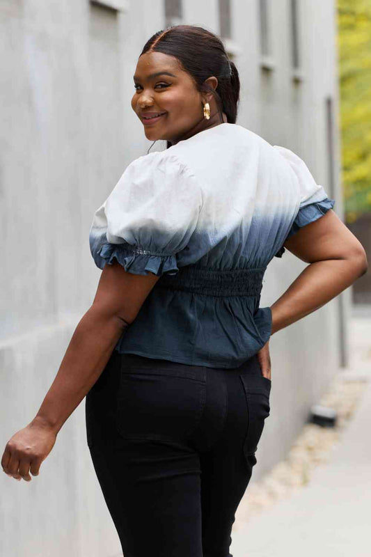 White Birch Full Size Smocked Waist Ombre Woven Top Luvéillé