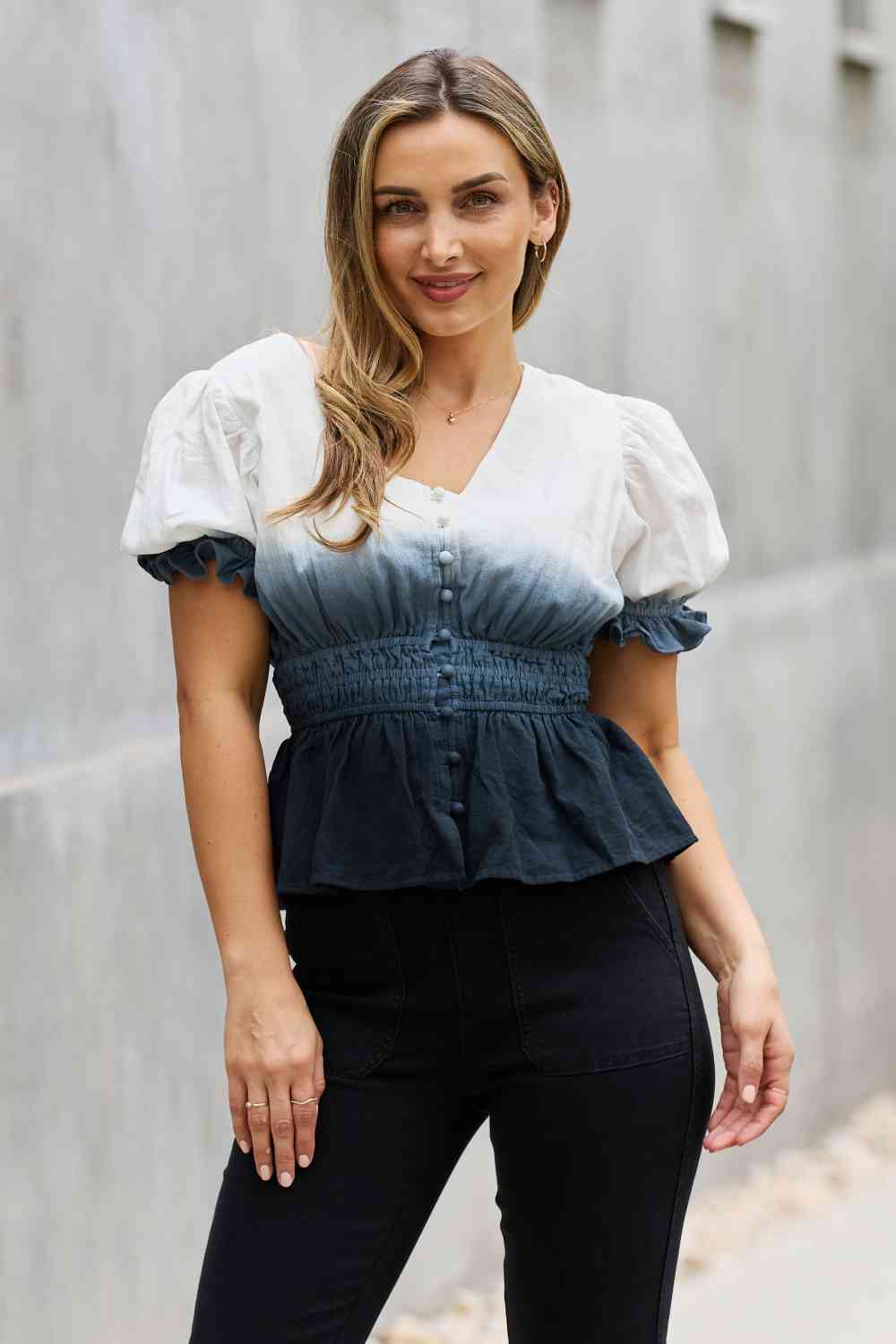 White Birch Full Size Smocked Waist Ombre Woven Top Luvéillé