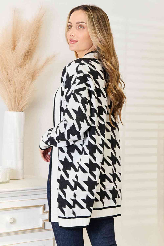 Woven Right Houndstooth Open Front Longline Cardigan Luvéillé