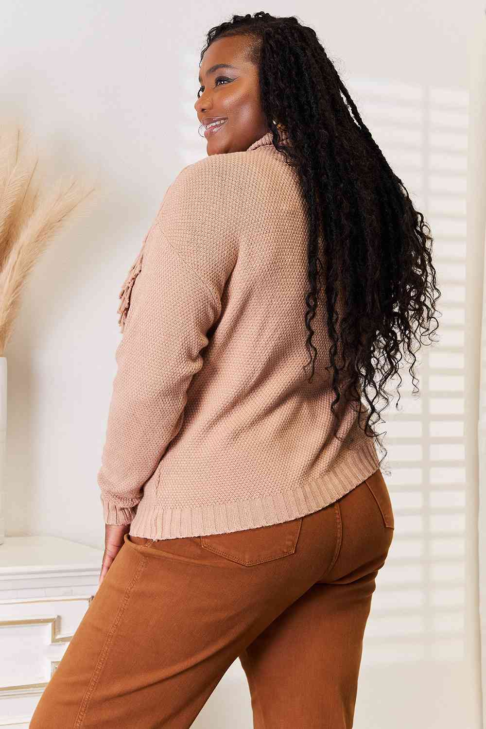 Woven Right Turtleneck Fringe Front Long Sleeve Sweater Luvéillé