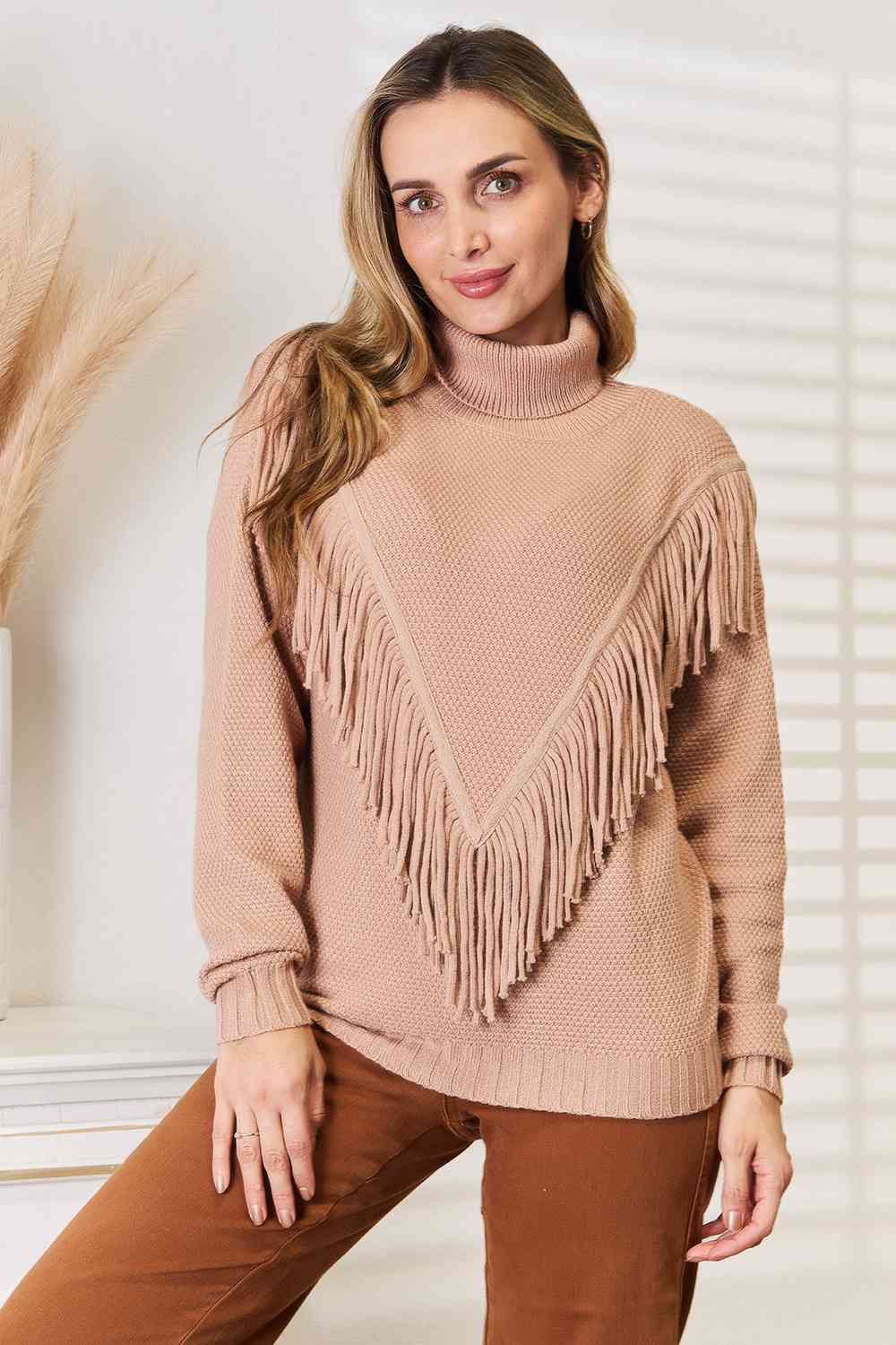 Woven Right Turtleneck Fringe Front Long Sleeve Sweater Luvéillé