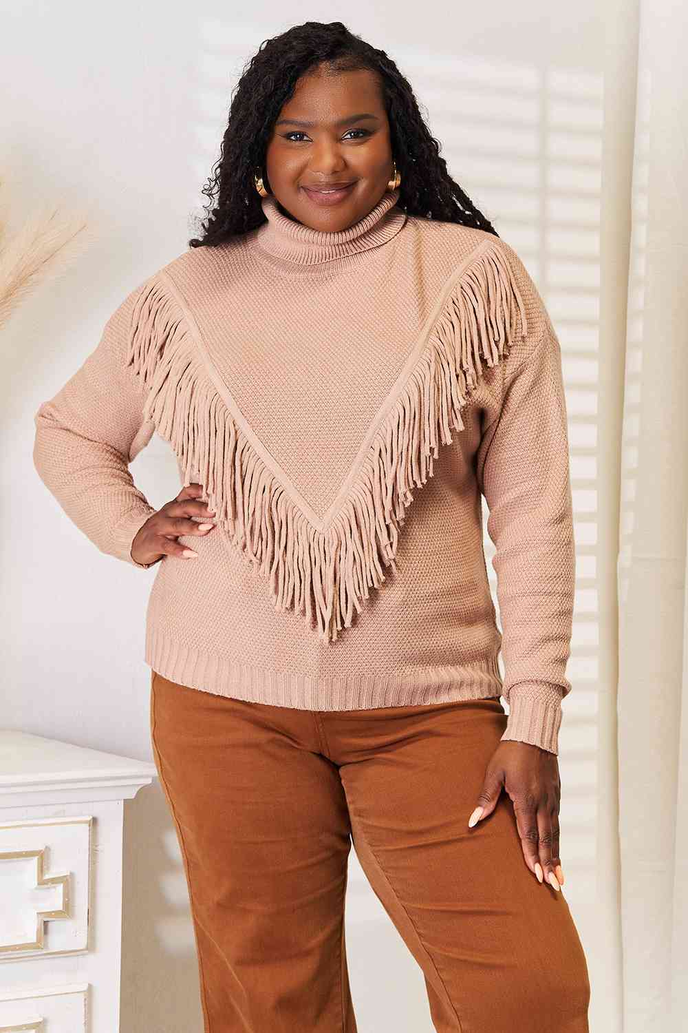 Woven Right Turtleneck Fringe Front Long Sleeve Sweater Luvéillé