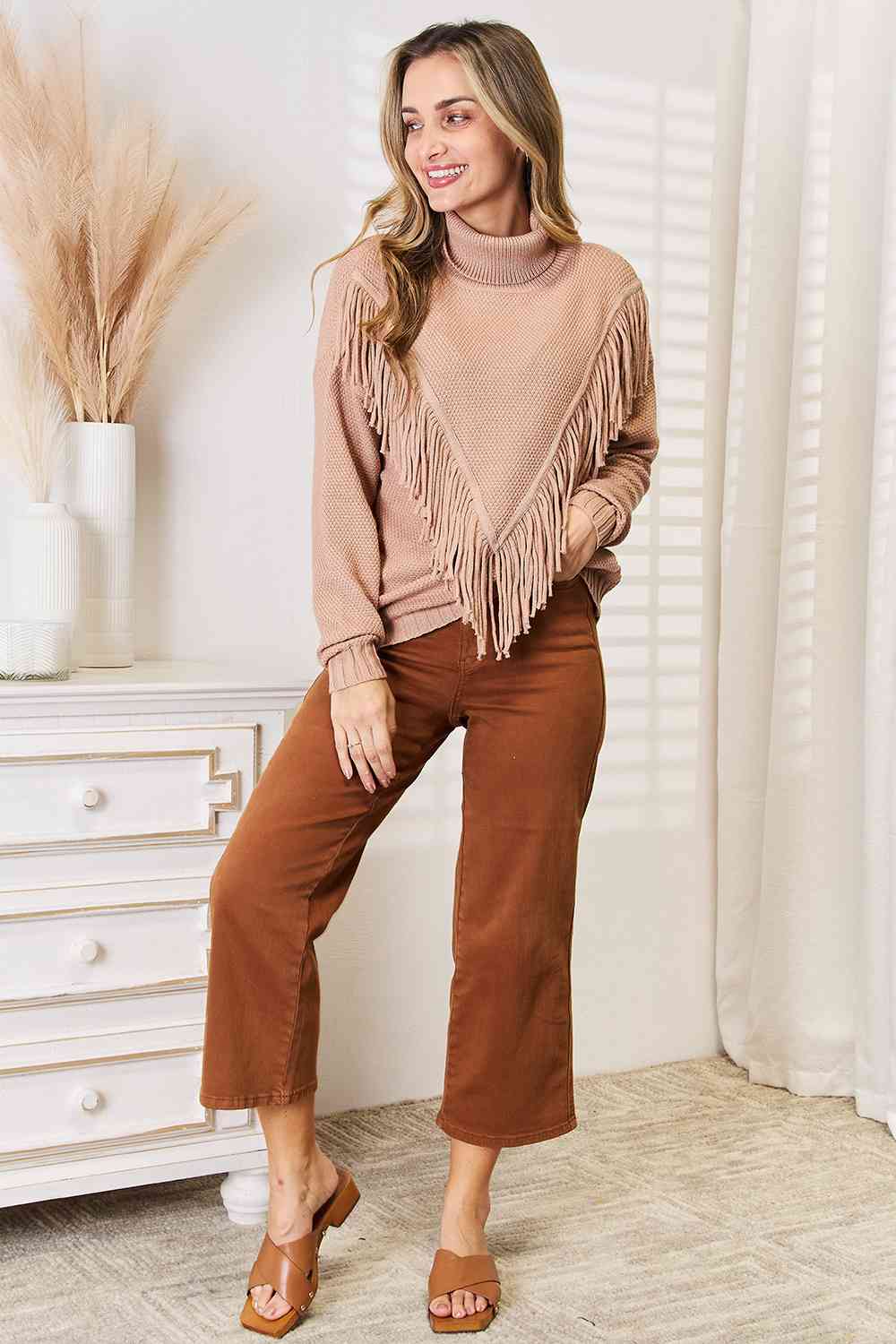 Woven Right Turtleneck Fringe Front Long Sleeve Sweater Luvéillé