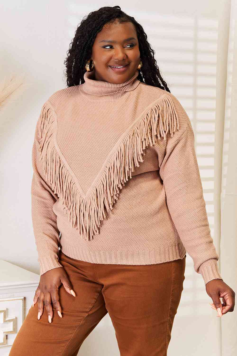 Woven Right Turtleneck Fringe Front Long Sleeve Sweater Luvéillé