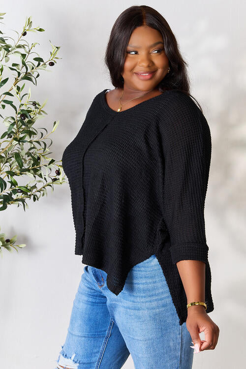 Zenana Full Size Round Neck High-Low Slit Knit Top Luvéillé