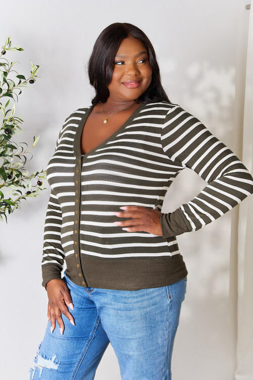 Zenana Full Size Striped Snap Down Cardigan Luvéillé