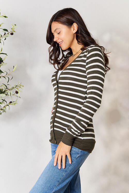 Zenana Full Size Striped Snap Down Cardigan Luvéillé