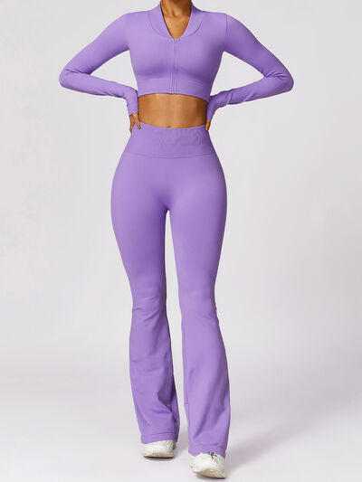 Zip Up Baseball Collar Outerwear and High Waist Pants Active Set Luvéillé