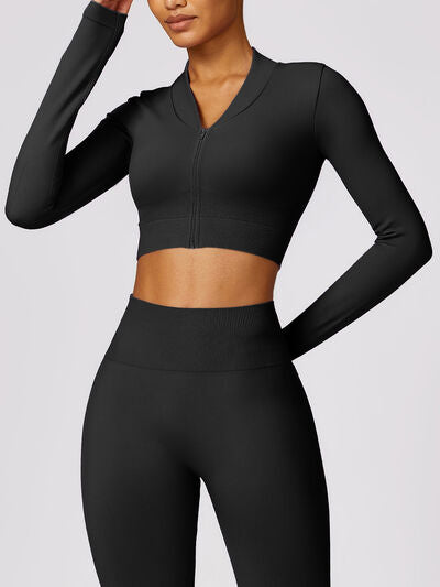 Zip Up Baseball Collar Outerwear and High Waist Pants Active Set Luvéillé