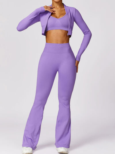 Zip Up Baseball Collar Outerwear and High Waist Pants Active Set Luvéillé