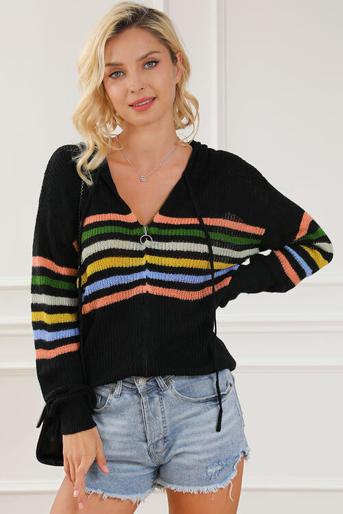 Zip Up Drawstring Hooded Knit Top Luvéillé