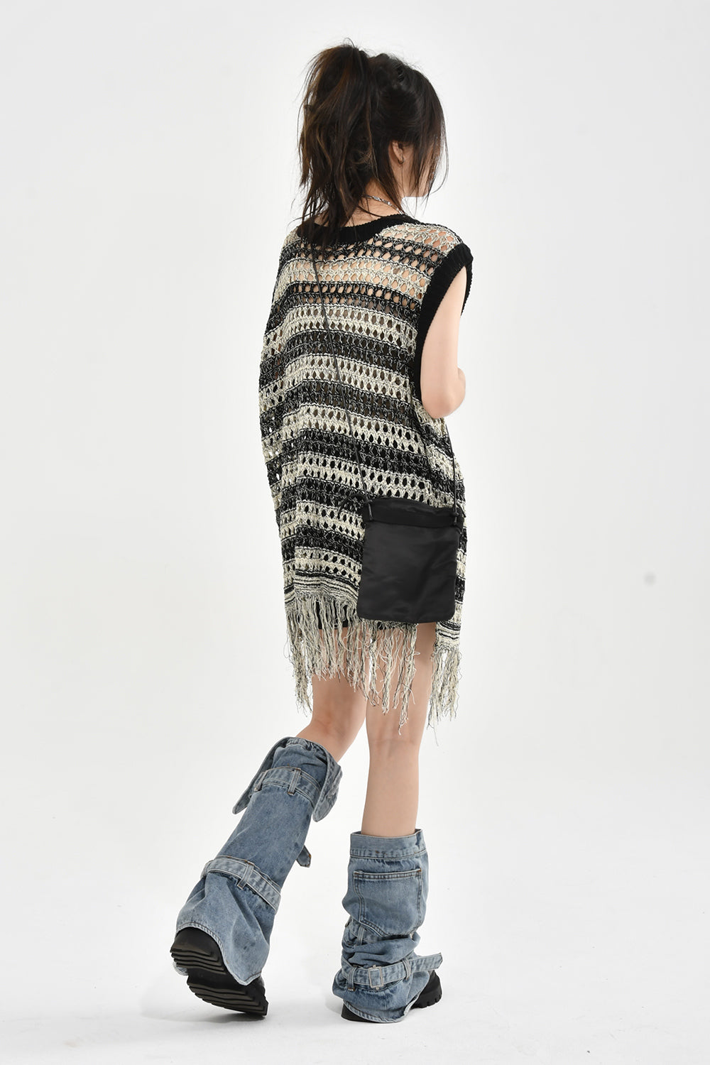 Women's Openwork Striped Knitted Loose Layered Hem Fringed Dress