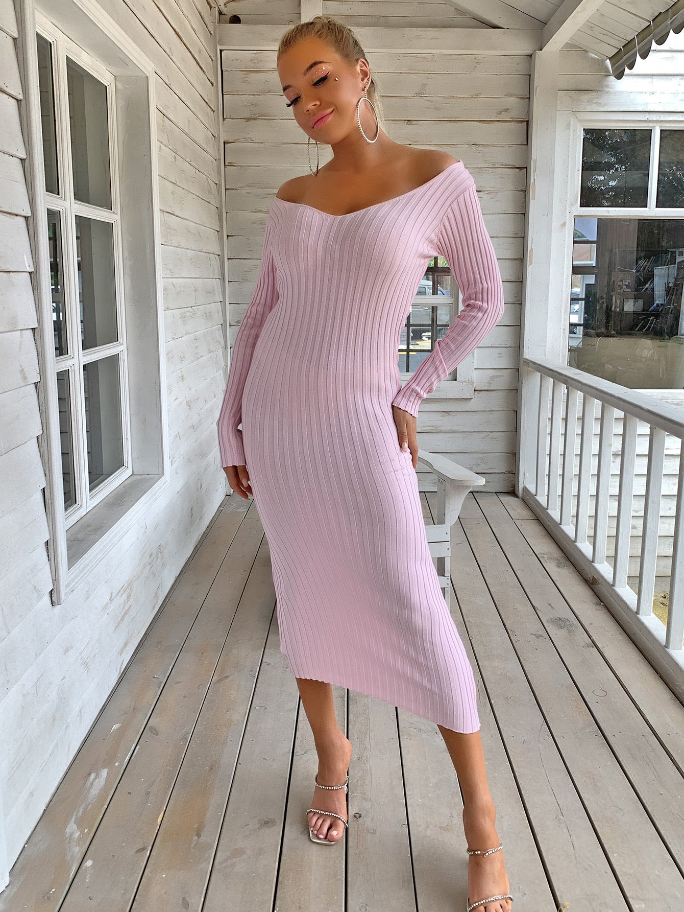 Solid Color V-neck Knitted Dress