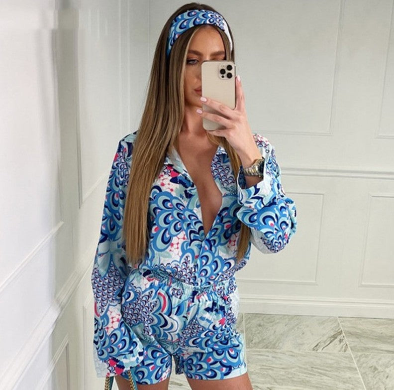 Casual Long Sleeve Shirt Loose Straight Shorts and Headband Set