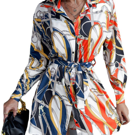 Mid-length Lapel Single-breasted Lace-up Printed Color Matching Lining