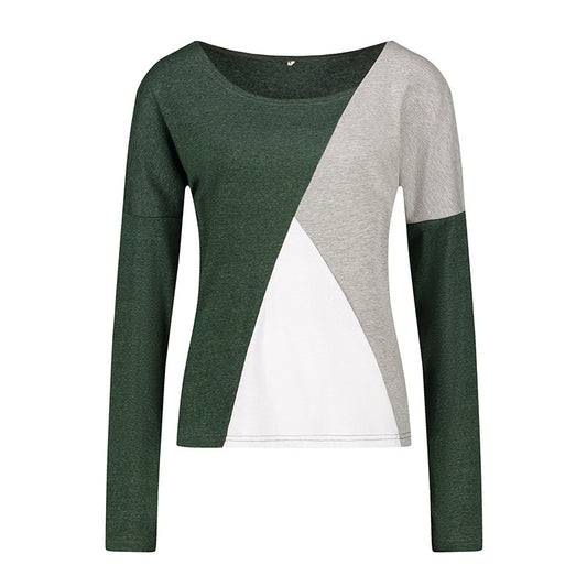 Women Stitching Geometric Figure Round Neck Slim T-Shirt