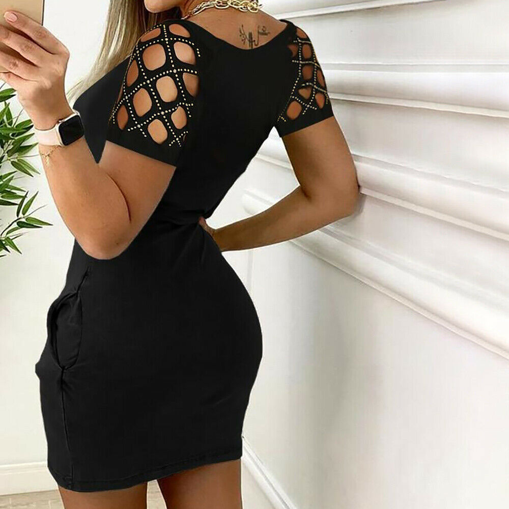Women's Short Sleeve Cutout Diamond Pocket Slim Fit Dress