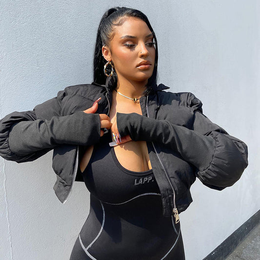 Winter Solid Color Stand Collar Pocket Zipper Sleeve Women's Wadded Jacket Top For Women