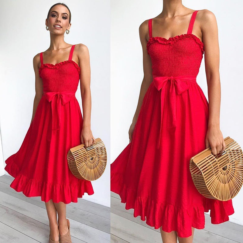 Summer fashion wild sling ruffled lace female dress