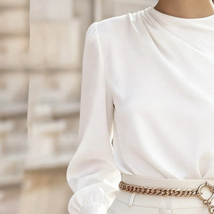 Women's Pleated Long Sleeve Blouse, Round Neck Business Casual Shirt, Dressy Fall 2025 Work Tops