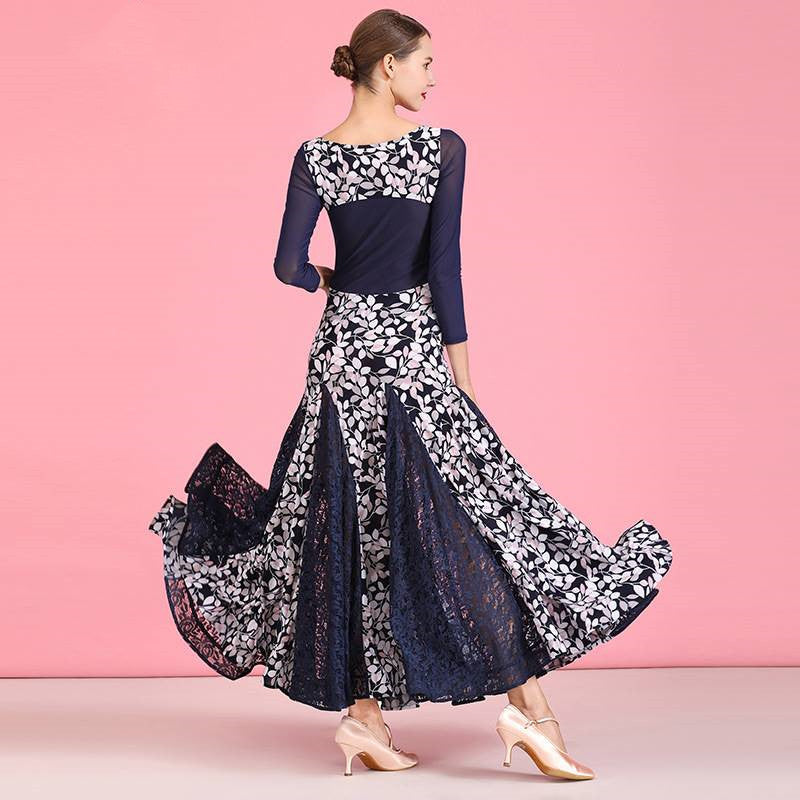 Navy Blue Crystal Linen Print Modern Dance Skirt Dress Waltz Practice Skirt