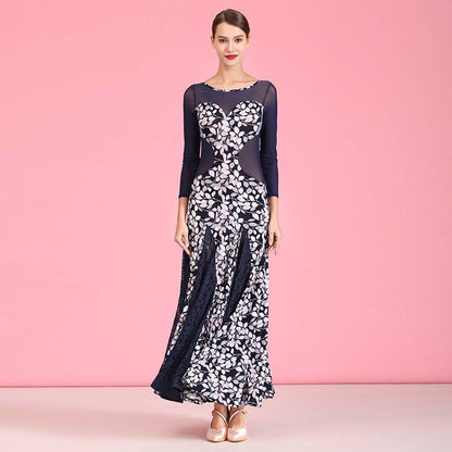 Navy Blue Crystal Linen Print Modern Dance Skirt Dress Waltz Practice Skirt