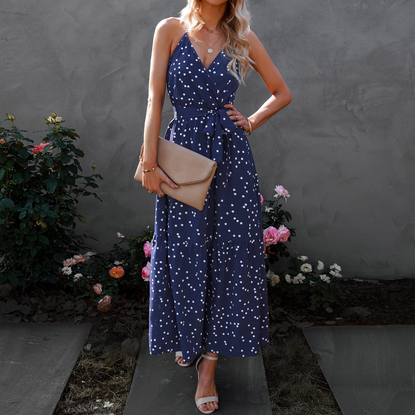 European And American Style V Neck Polka Dot Dress