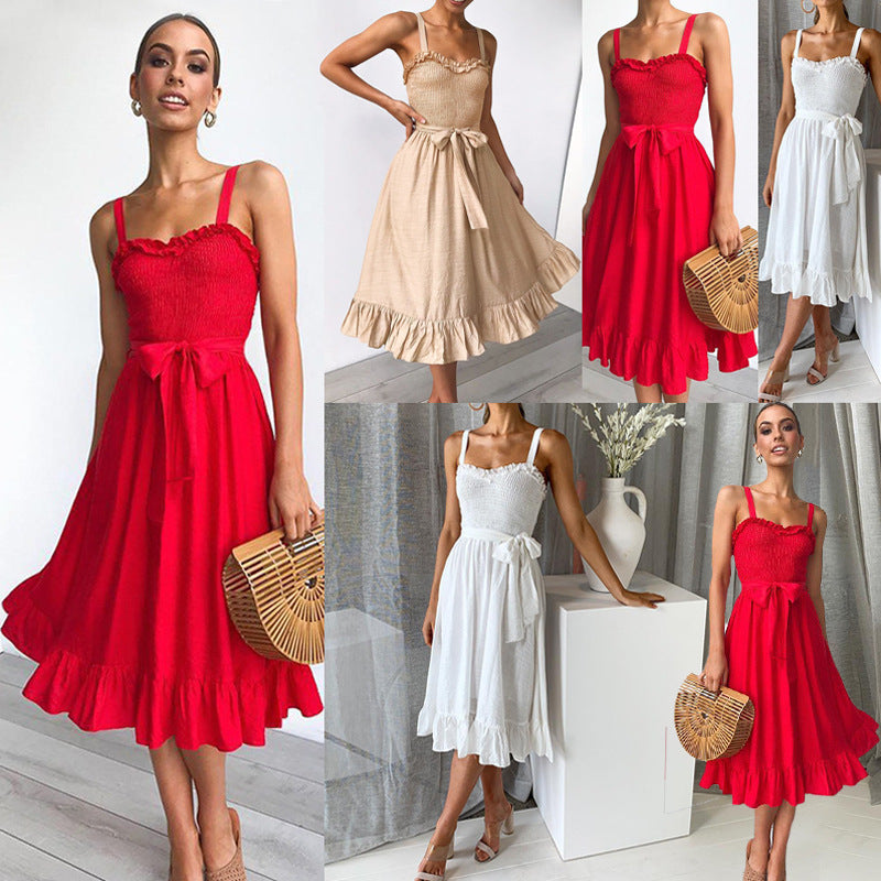 Summer fashion wild sling ruffled lace female dress