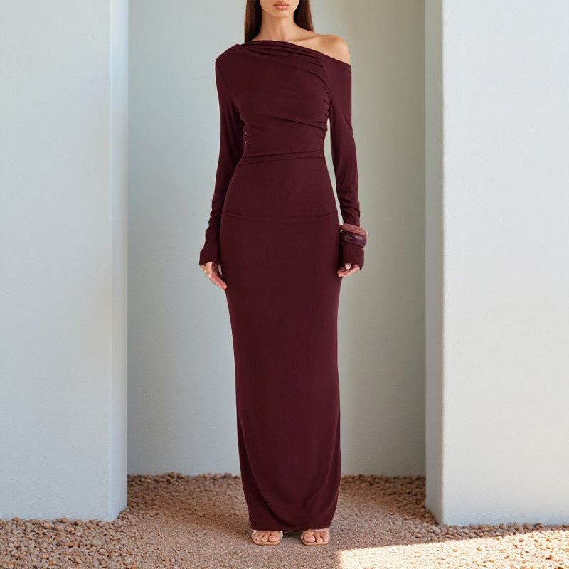 Oblique Shoulder Sexy Backless Long Sleeve Slim Dress Women Ins