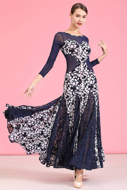 Navy Blue Crystal Linen Print Modern Dance Skirt Dress Waltz Practice Skirt