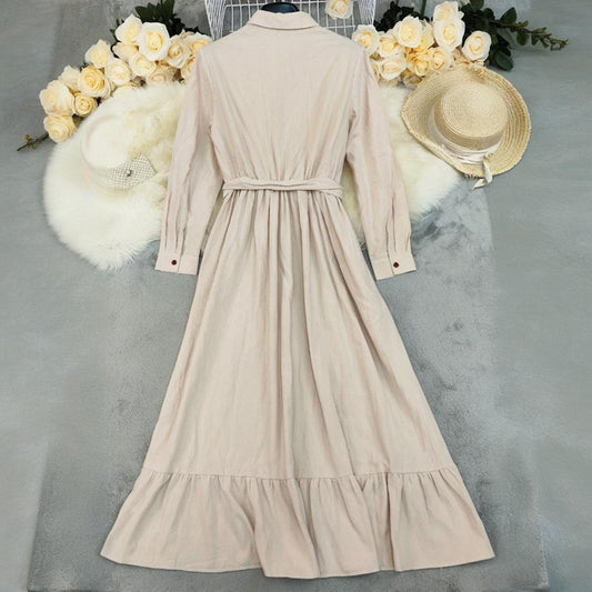 Elegant Women's Fall Dress, Polo Collar Long Sleeve Shirt Dress With Ruffle Tiered Maxi Design