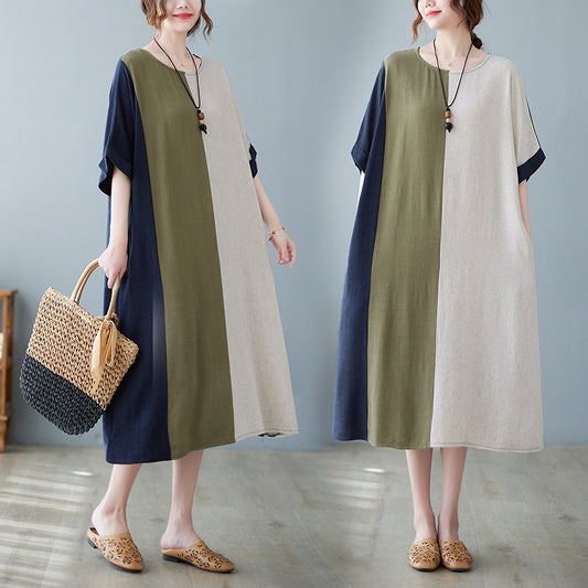 Cotton And Linen Loose Half Sleeve Contrast Paneled Dress Luvéillé
