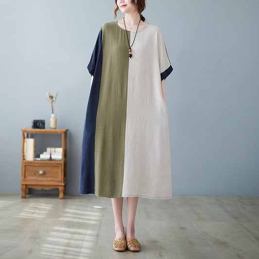 Cotton And Linen Loose Half Sleeve Contrast Paneled Dress Luvéillé