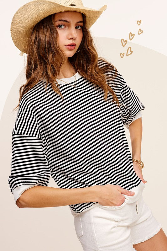 Crew Neck Stripe Short Sleeve Top Luvéillé