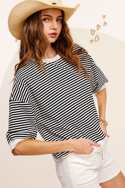 Crew Neck Stripe Short Sleeve Top Luvéillé