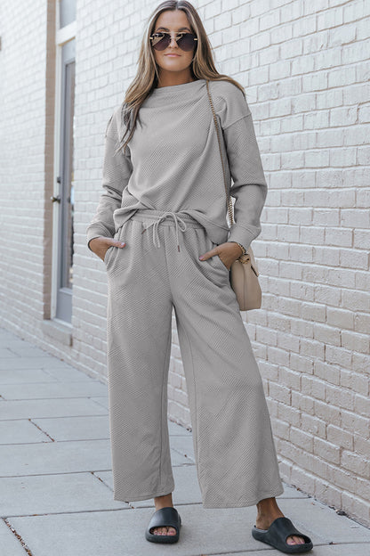 Double Take Full Size Textured Long Sleeve Top and Drawstring Pants Set Luvéillé