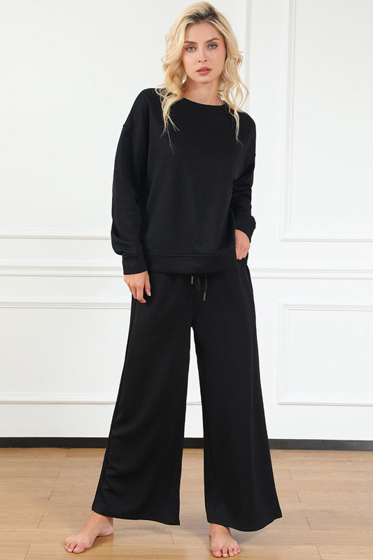 Double Take Full Size Textured Long Sleeve Top and Drawstring Pants Set Luvéillé