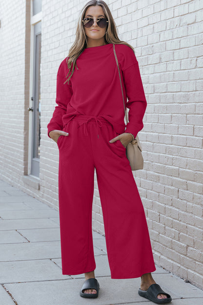 Double Take Full Size Textured Long Sleeve Top and Drawstring Pants Set Luvéillé