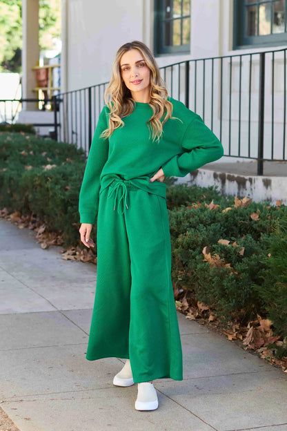 Double Take Full Size Textured Long Sleeve Top and Drawstring Pants Set Luvéillé