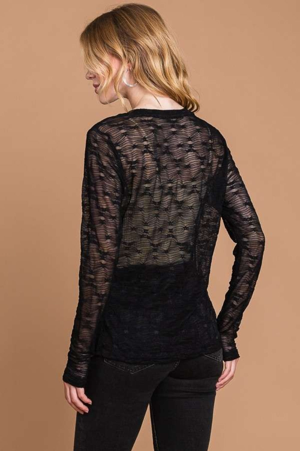 Full Size Round Neck Mesh Perspective Top Luvéillé
