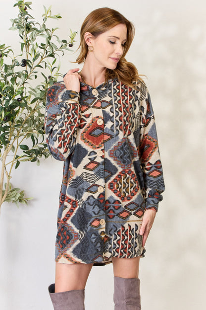Heimish Full Size Printed Button Up Hooded Jacket Luvéillé