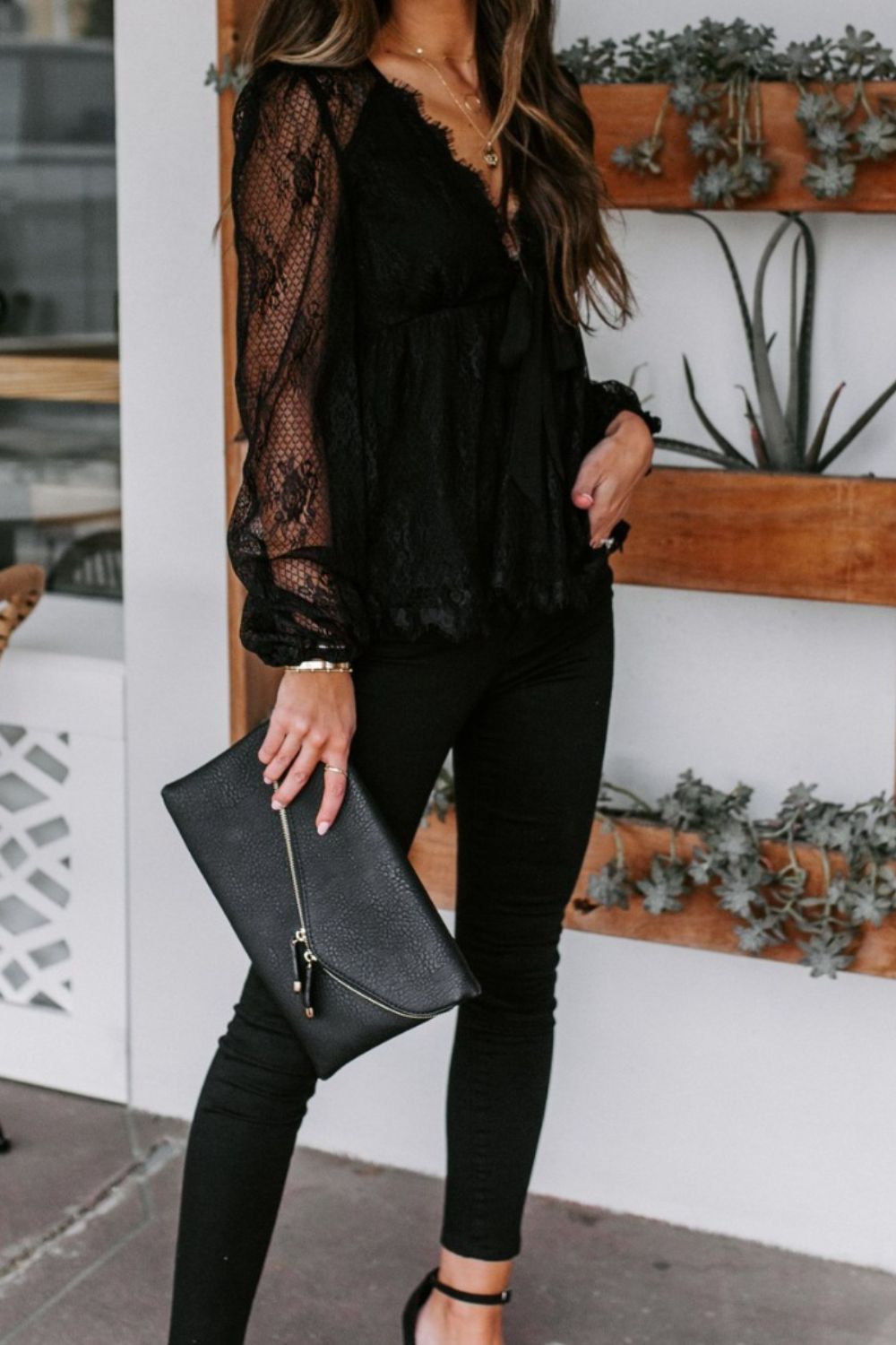 Lace Detail Plunge Long Sleeve Blouse Luvéillé