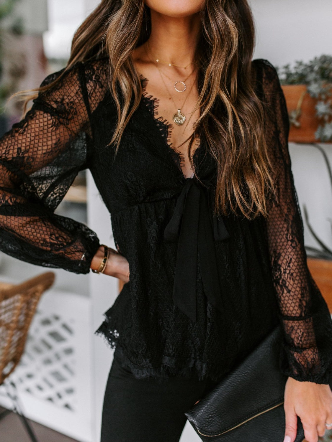 Lace Detail Plunge Long Sleeve Blouse Luvéillé