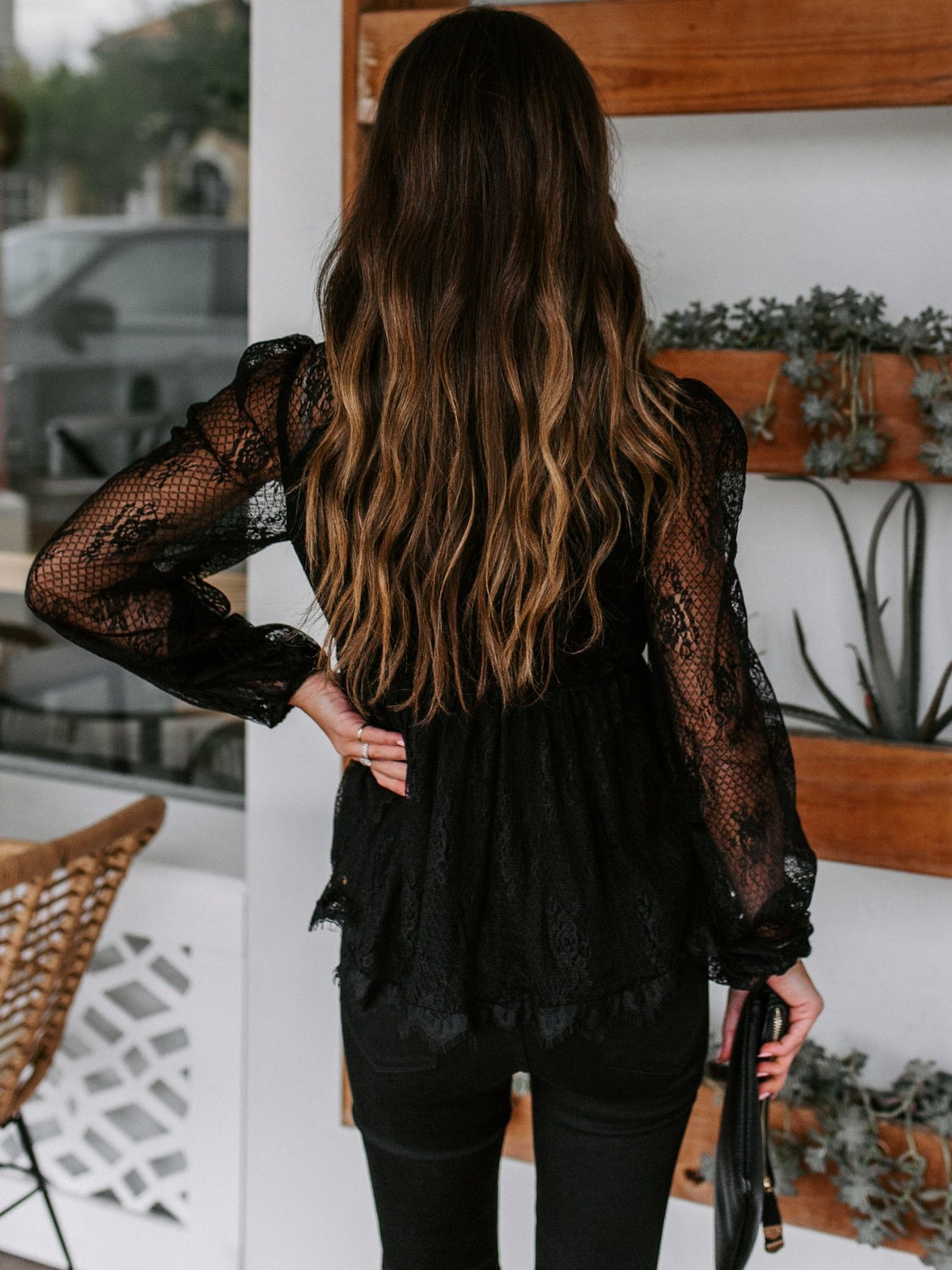 Lace Detail Plunge Long Sleeve Blouse Luvéillé