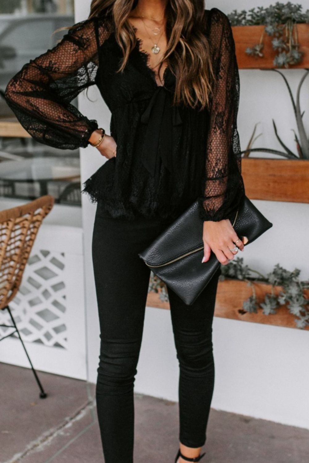 Lace Detail Plunge Long Sleeve Blouse Luvéillé