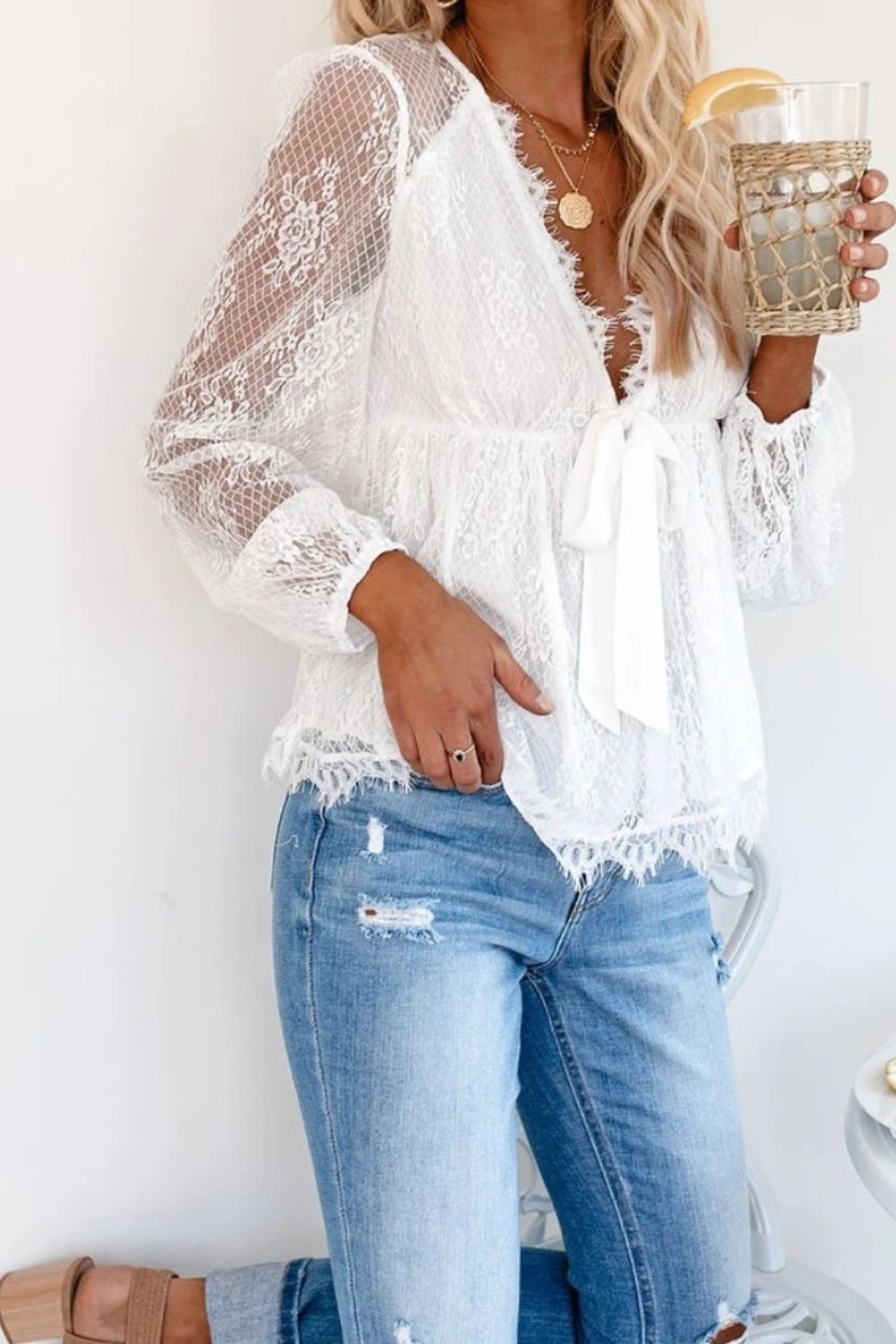 Lace Detail Plunge Long Sleeve Blouse Luvéillé